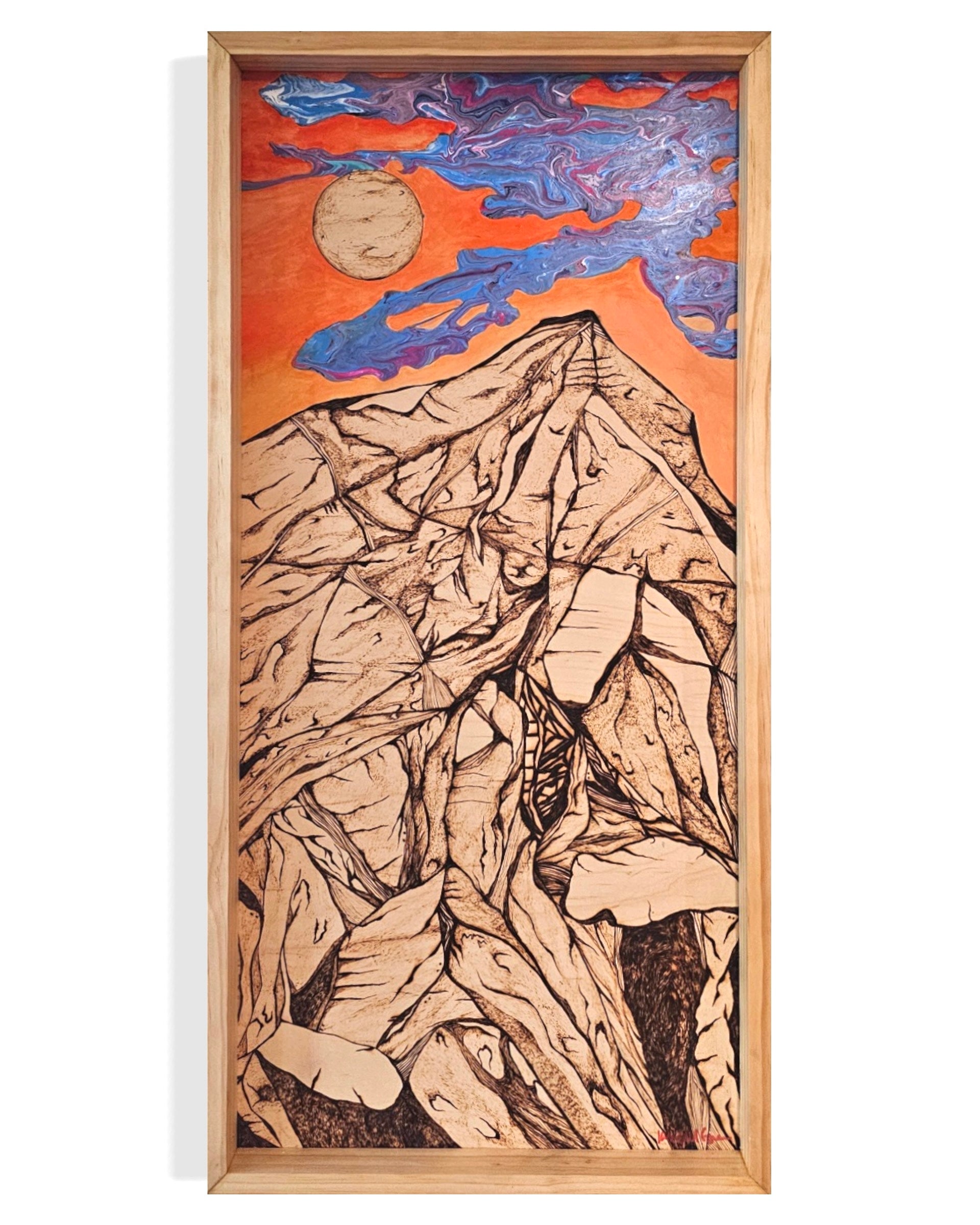 Everest summit wood burn painting