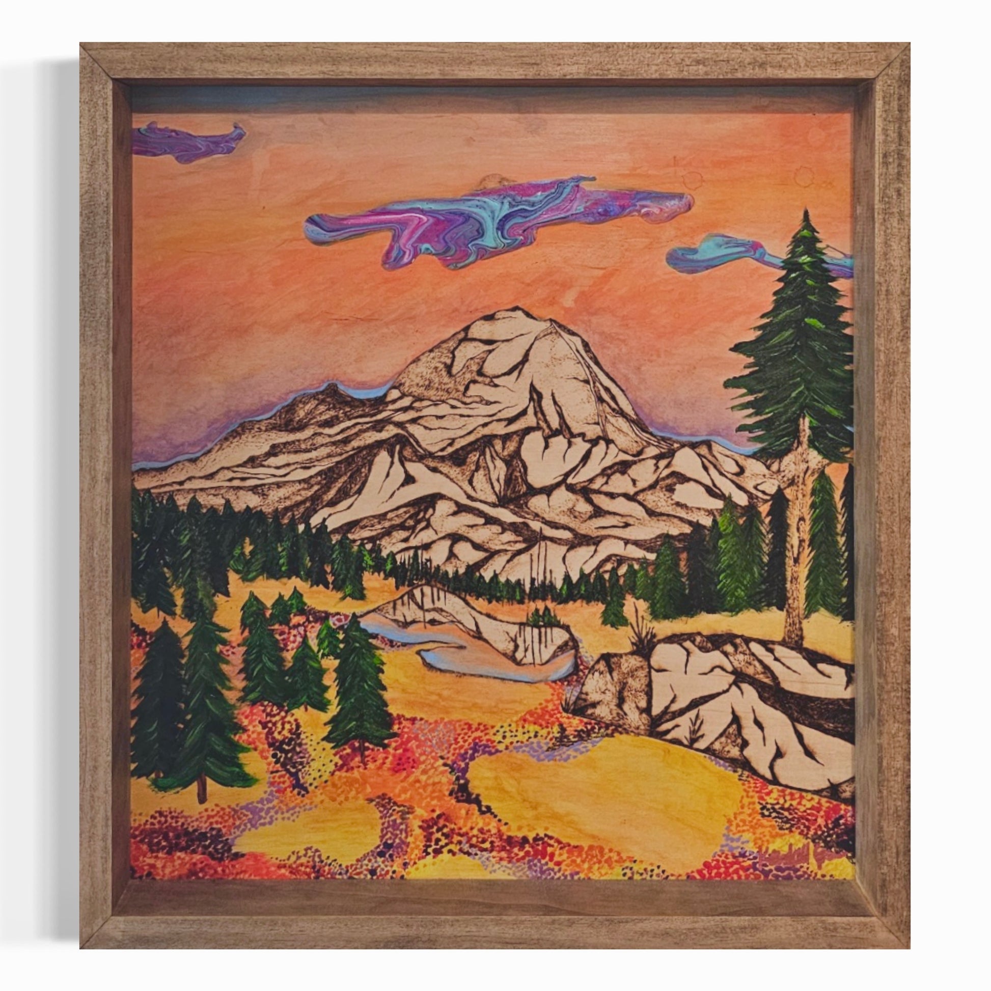 mt rainier wood burn original painting wildflowers