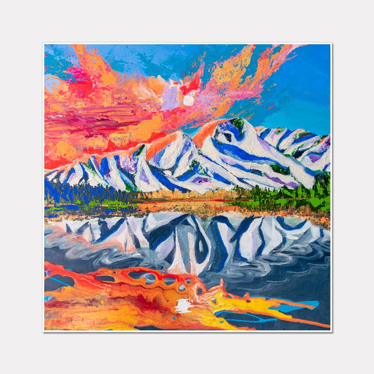 mountains reflecting over lake with sunset print