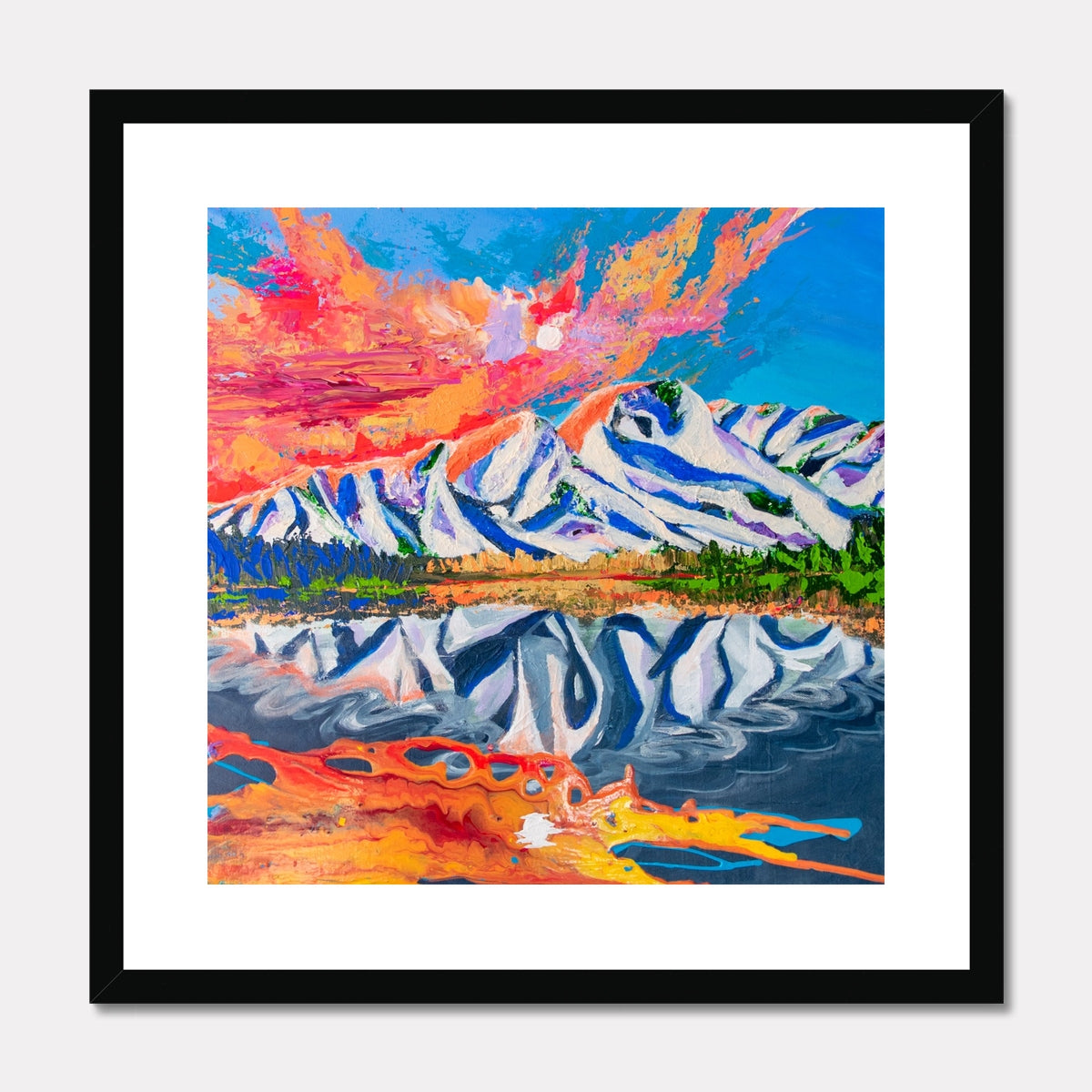 mountain and lake painting with sunset