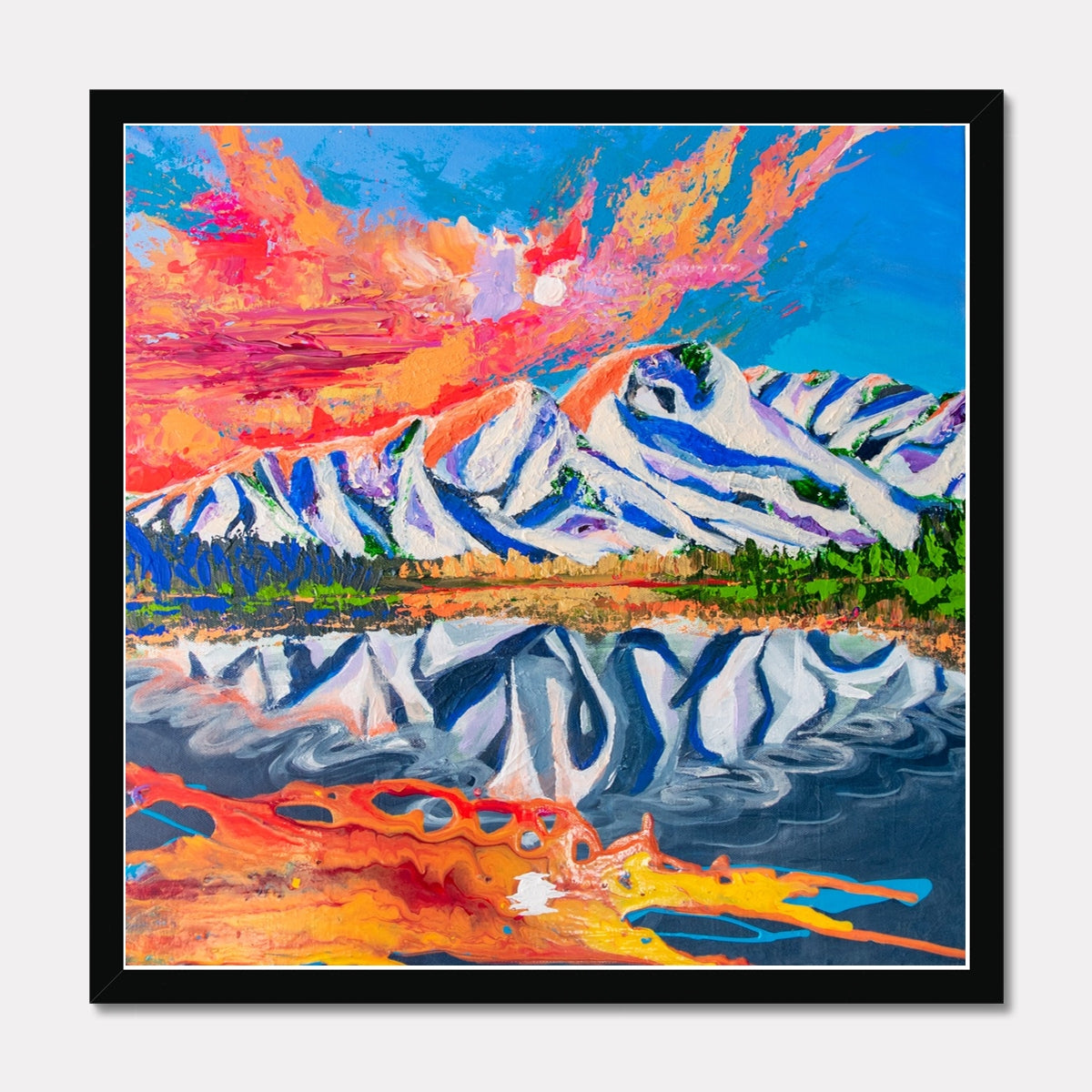 semi abstract mountain and lake art print framed