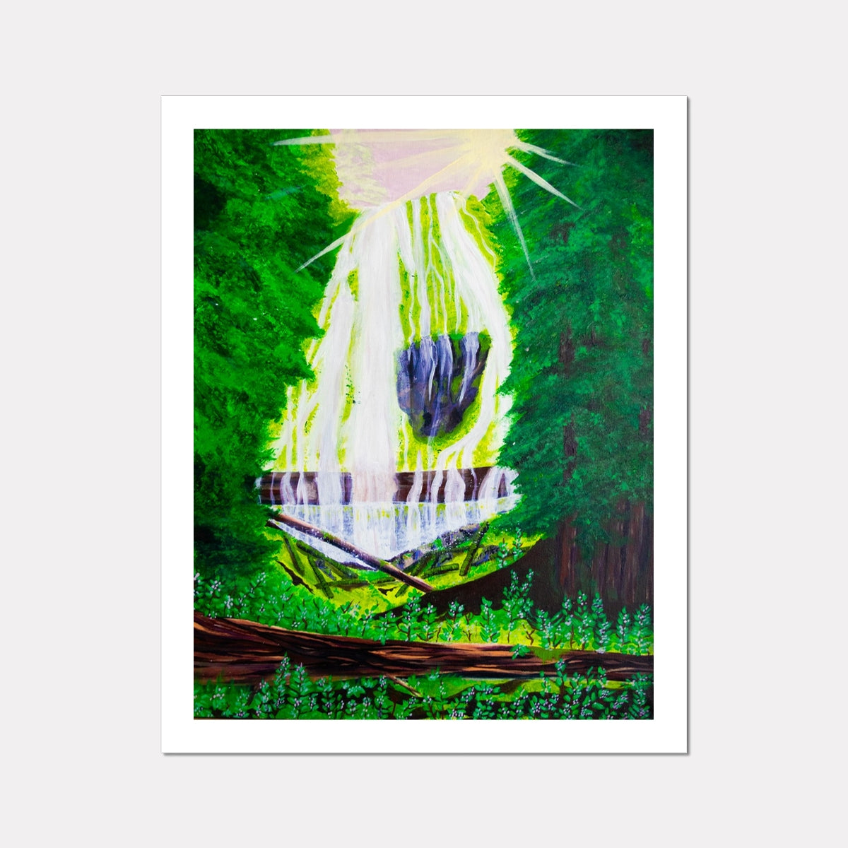 waterfall and forest art print colorful greenery